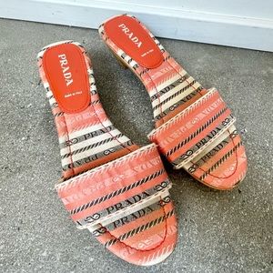 Early 00s Prada sandals with wooden heels and logo pattern